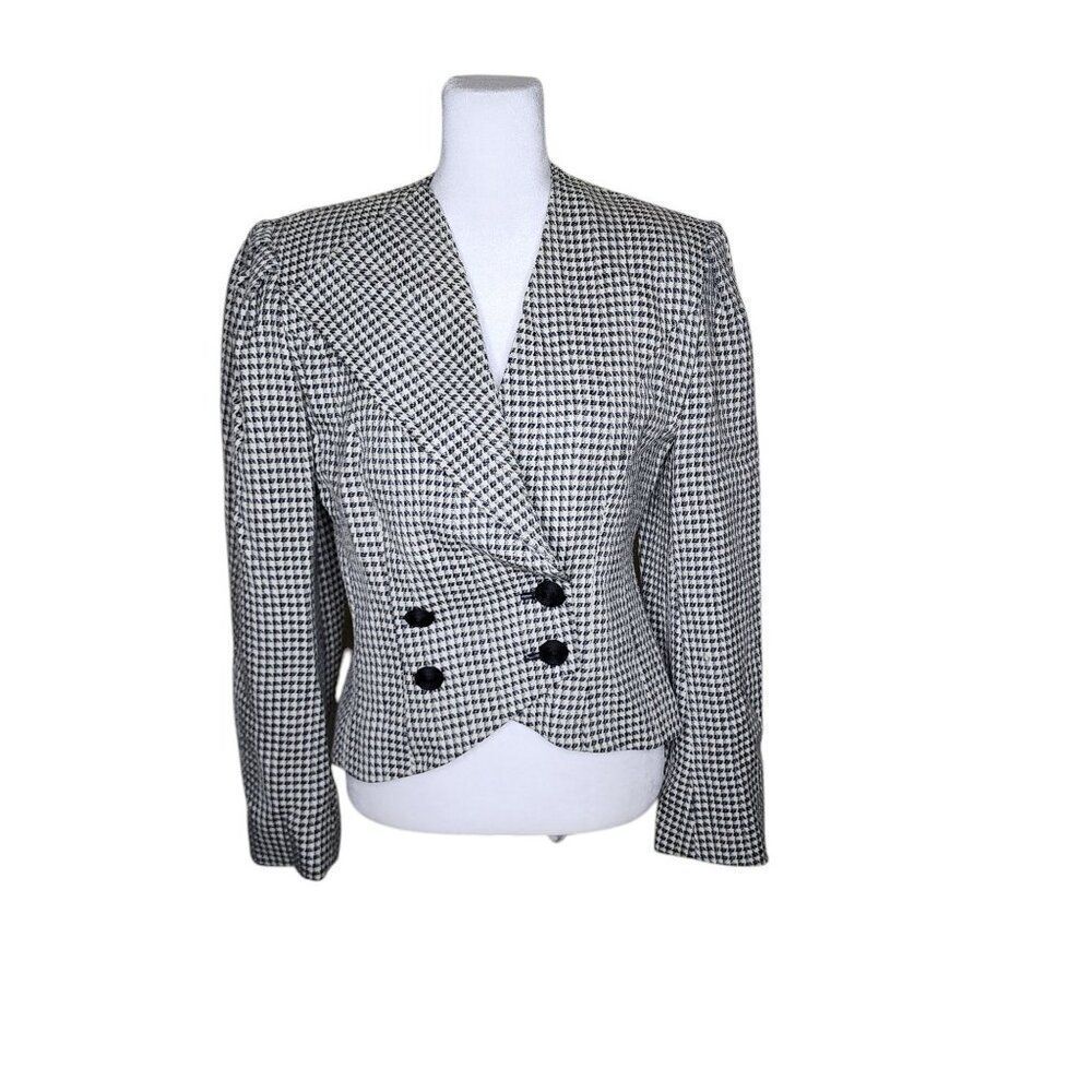 Vintage 80s Houndstooth Cropped Double Breasted Suit Jacket Womens S Black